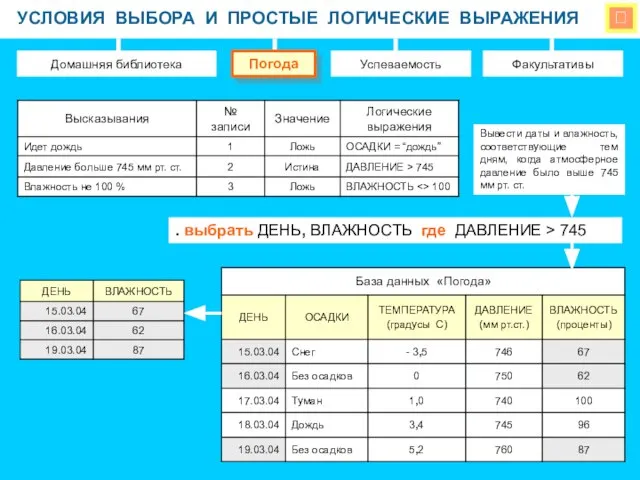  УСЛОВИЯ ВЫБОРА И ПРОСТЫЕ ЛОГИЧЕСКИЕ ВЫРАЖЕНИЯ Домашняя библиотека Успеваемость Факультативы