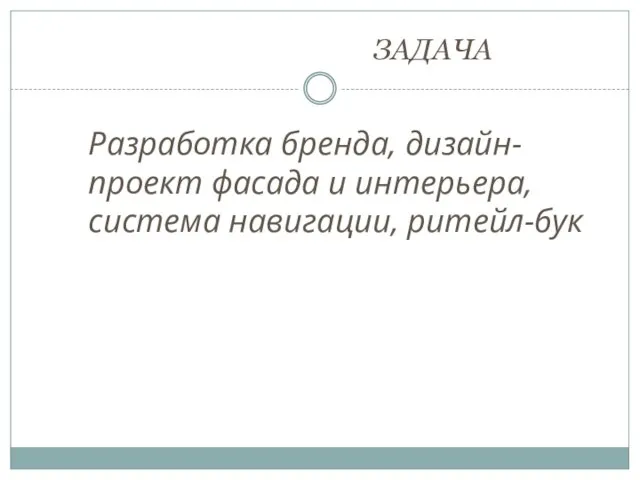 ЗАДАЧА Разработка бренда, дизайн-проект фасада и интерьера, система навигации, ритейл-бук