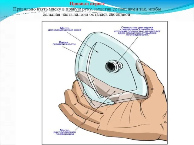 Правило первое Правильно взять маску в правую руку, захватив ее пальцами