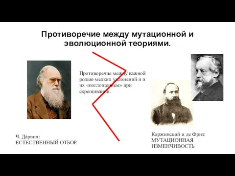 Противоречие между мутационной и эволюционной теориями. Ч. Дарвин: ЕСТЕСТВЕННЫЙ ОТБОР. Коржинский