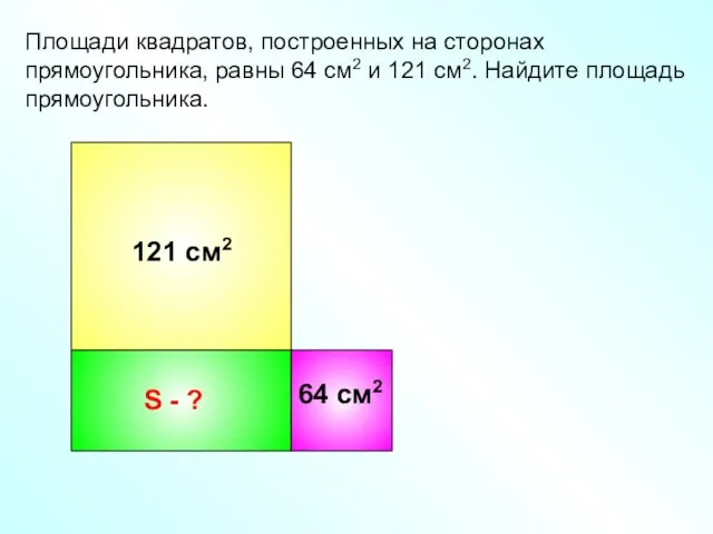 S - ? Площади квадратов, построенных на сторонах прямоугольника, равны 64