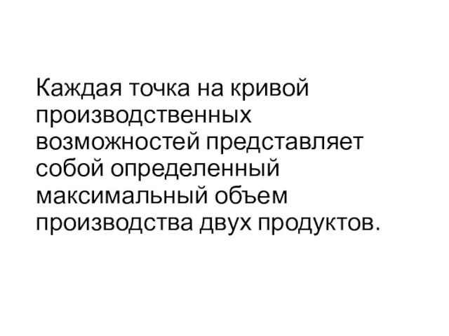 Каждая точка на кривой производственных возможностей представляет собой определенный максимальный объем производства двух продуктов.