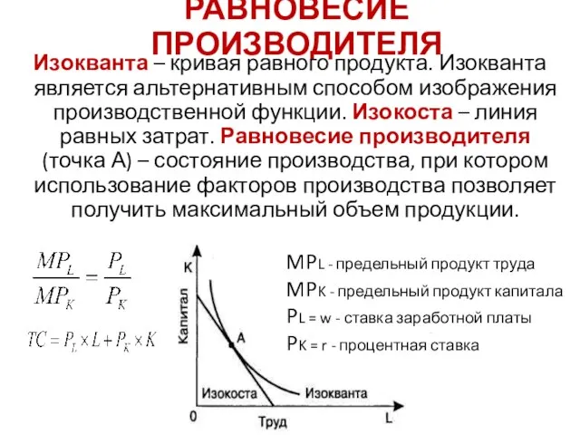 РАВНОВЕСИЕ ПРОИЗВОДИТЕЛЯ Изокванта – кривая равного продукта. Изокванта является альтернативным способом