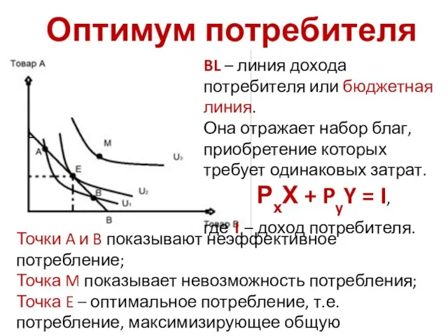 Оптимум потребителя BL – линия дохода потребителя или бюджетная линия. Она