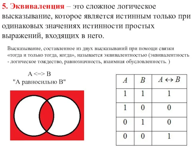 5. Эквиваленция – это сложное логическое высказывание, которое является истинным только