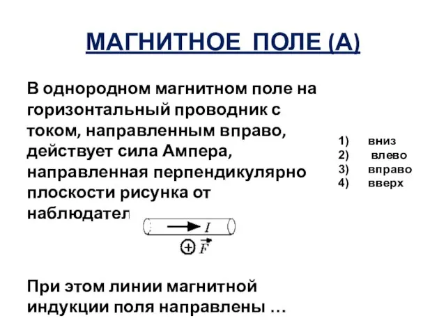 МАГНИТНОЕ ПОЛЕ (А) В однородном магнитном поле на горизонтальный проводник с