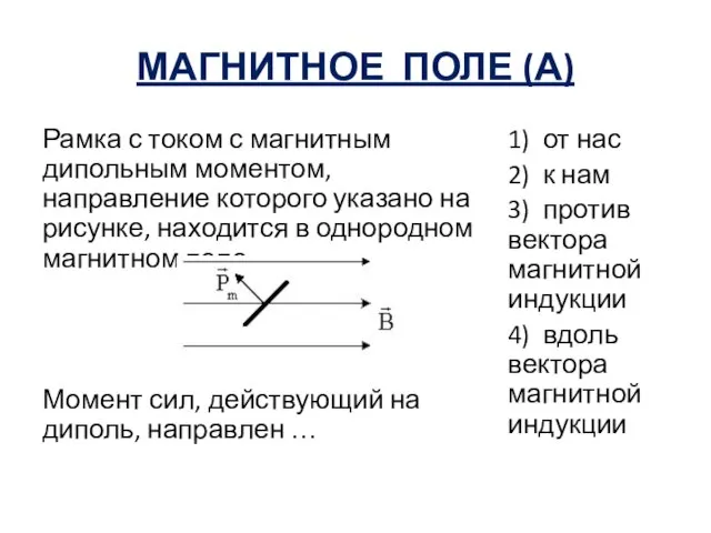 МАГНИТНОЕ ПОЛЕ (А) Рамка с током с магнитным дипольным моментом, направление