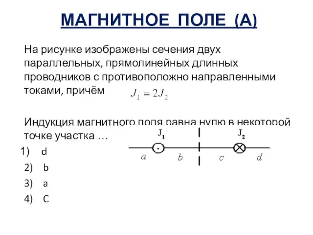 МАГНИТНОЕ ПОЛЕ (А) На рисунке изображены сечения двух параллельных, прямолинейных длинных