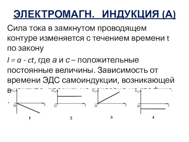 ЭЛЕКТРОМАГН. ИНДУКЦИЯ (А) Сила тока в замкнутом проводящем контуре изменяется с