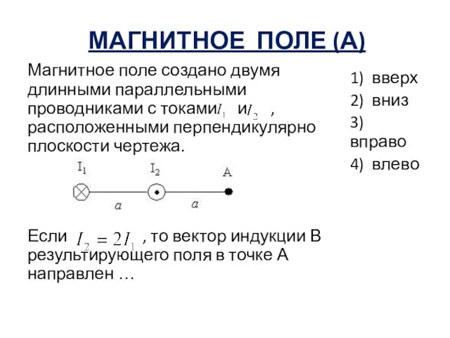 МАГНИТНОЕ ПОЛЕ (А) Магнитное поле создано двумя длинными параллельными проводниками с