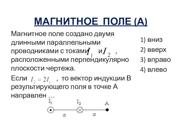 МАГНИТНОЕ ПОЛЕ (А) Магнитное поле создано двумя длинными параллельными проводниками с