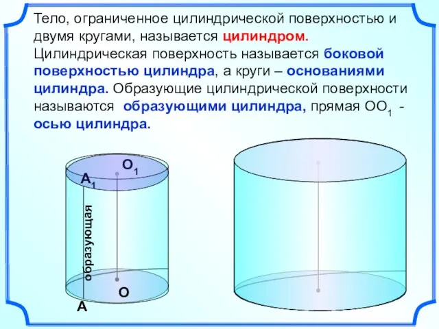 Тело, ограниченное цилиндрической поверхностью и двумя кругами, называется цилиндром. Цилиндрическая поверхность