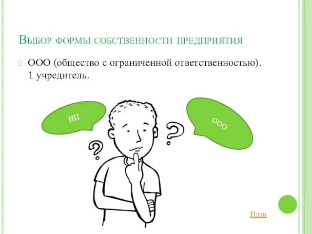 Выбор формы собственности предприятия ООО (общество с ограниченной ответственностью). 1 учредитель. ООО ИП План