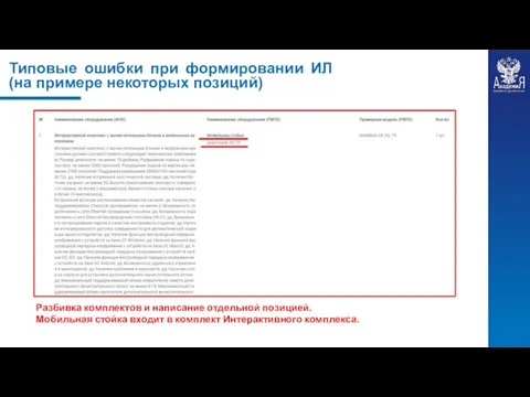 Типовые ошибки при формировании ИЛ (на примере некоторых позиций) Разбивка комплектов