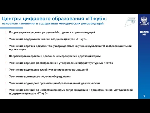 Корректировка перечня разделов Методических рекомендаций Уточнение содержания этапов создания центров «IT-куб»