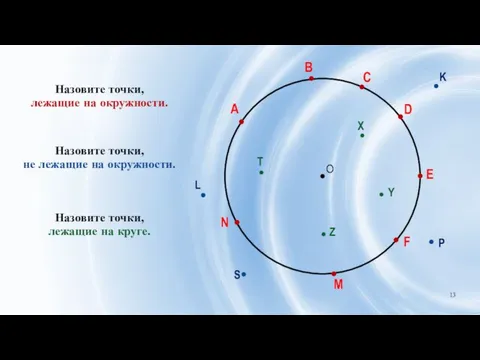 Назовите точки, лежащие на окружности. M N F E D C