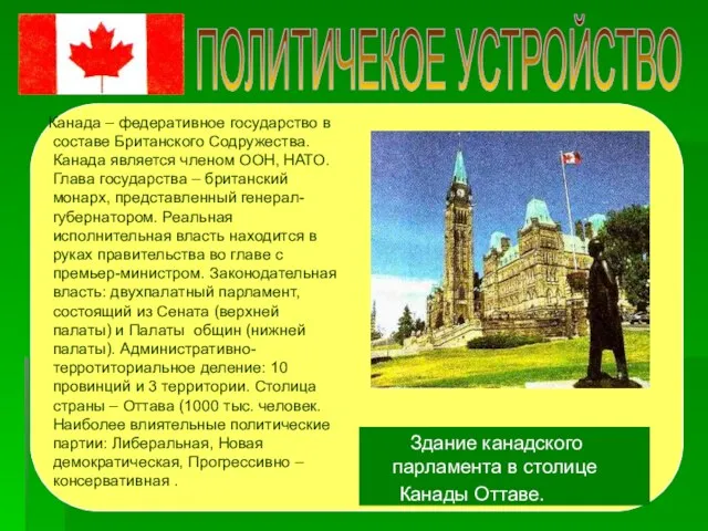 ПОЛИТИЧЕКОЕ УСТРОЙСТВО Канада – федеративное государство в составе Британского Содружества. Канада