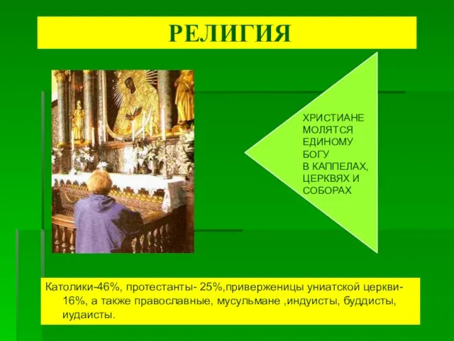 РЕЛИГИЯ Католики-46%, протестанты- 25%,приверженицы униатской церкви- 16%, а также православные, мусульмане