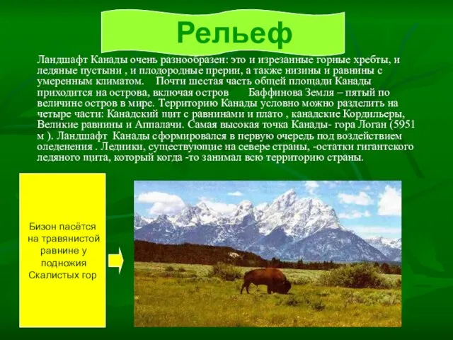 Рельеф Ландшафт Канады очень разнообразен: это и изрезанные горные хребты, и