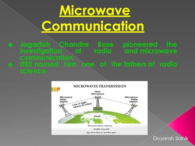 Microwave Communication Jagadish Chandra Bose pioneered the investigation of radio and