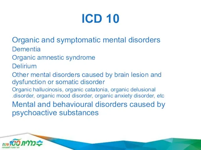ICD 10 Organic and symptomatic mental disorders Dementia Organic amnestic syndrome