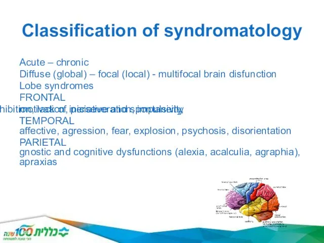 Classification of syndromatology Acute – chronic Diffuse (global) – focal (local)