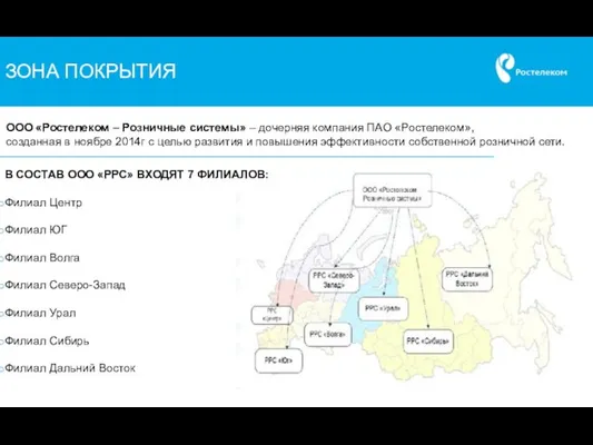 ЗОНА ПОКРЫТИЯ ООО «Ростелеком – Розничные системы» – дочерняя компания ПАО