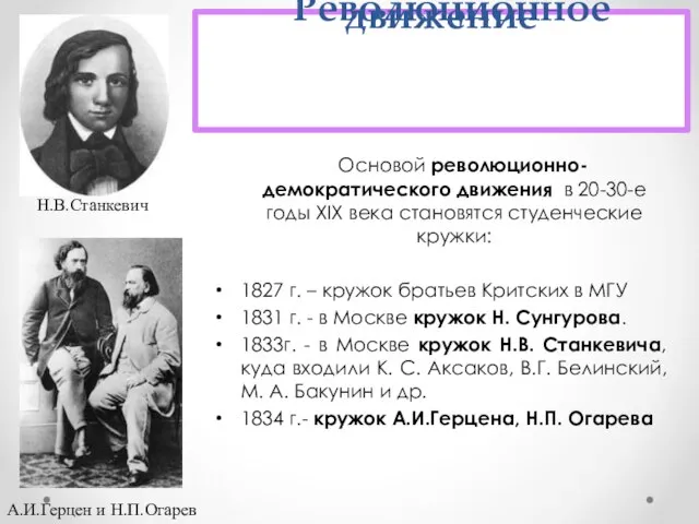 Революционное движение Основой революционно-демократического движения в 20-30-е годы XIX века становятся