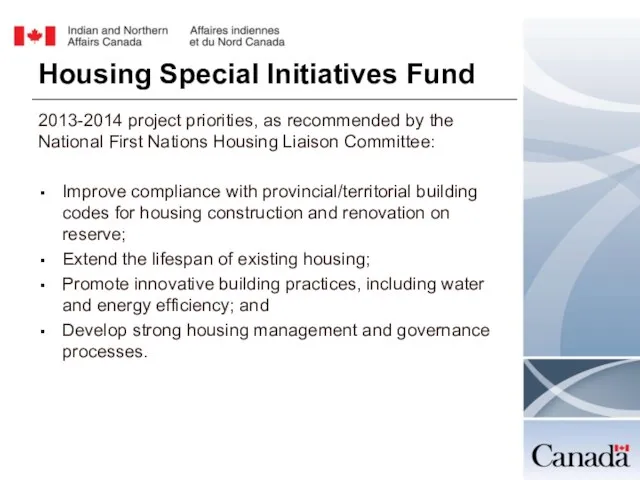 Housing Special Initiatives Fund 2013-2014 project priorities, as recommended by the