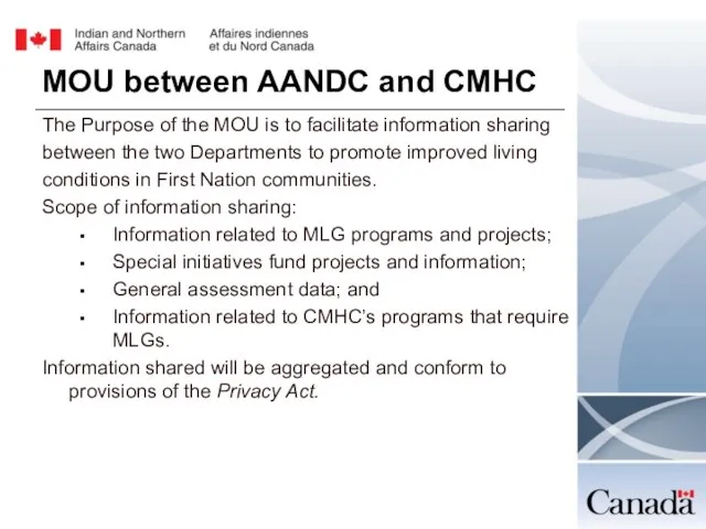 MOU between AANDC and CMHC The Purpose of the MOU is