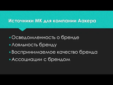 Источники МК для компании Аакера Осведомленность о бренде Лояльность бренду Воспринимаемое качество бренда Ассоциации с брендом