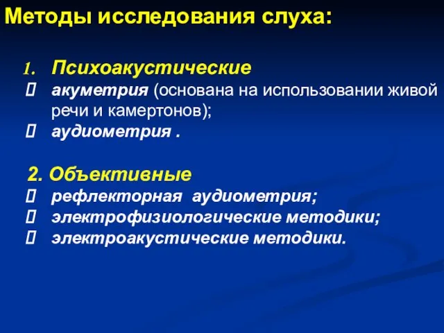 Методы исследования слуха: Психоакустические акуметрия (основана на использовании живой речи и