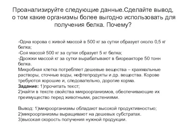 Проанализируйте следующие данные.Сделайте вывод, о том какие организмы более выгодно использовать