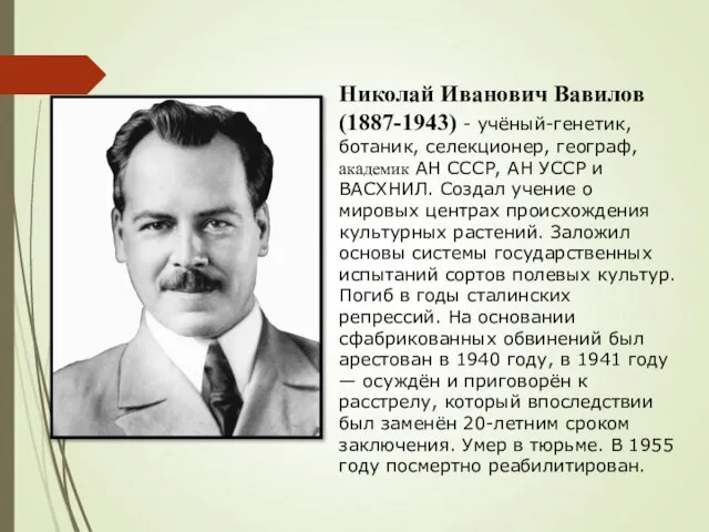 Николай Иванович Вавилов (1887-1943) - учёный-генетик, ботаник, селекционер, географ, академик АН