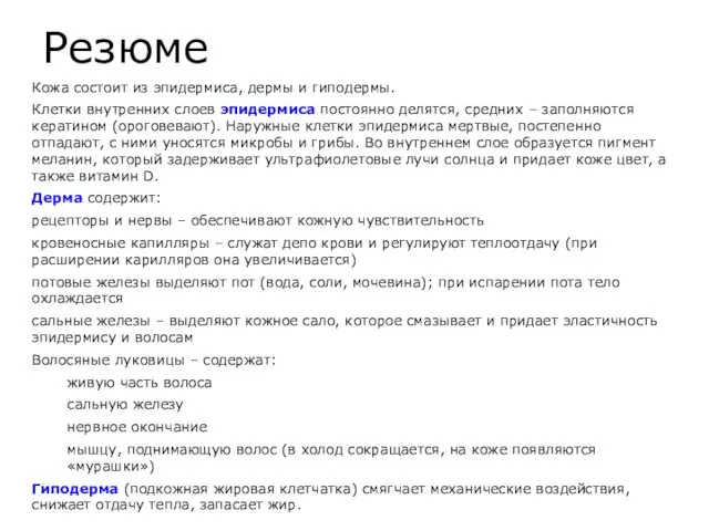 Резюме Кожа состоит из эпидермиса, дермы и гиподермы. Клетки внутренних слоев