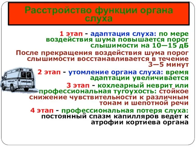 Расстройство функции органа слуха 1 этап - адаптация слуха: по мере