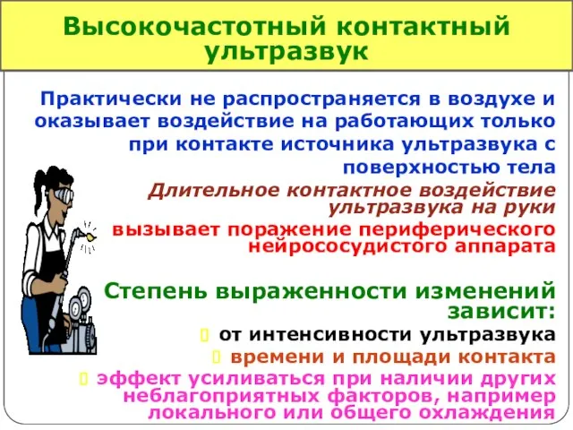 Высокочастотный контактный ультразвук Практически не распространяется в воздухе и оказывает воздействие