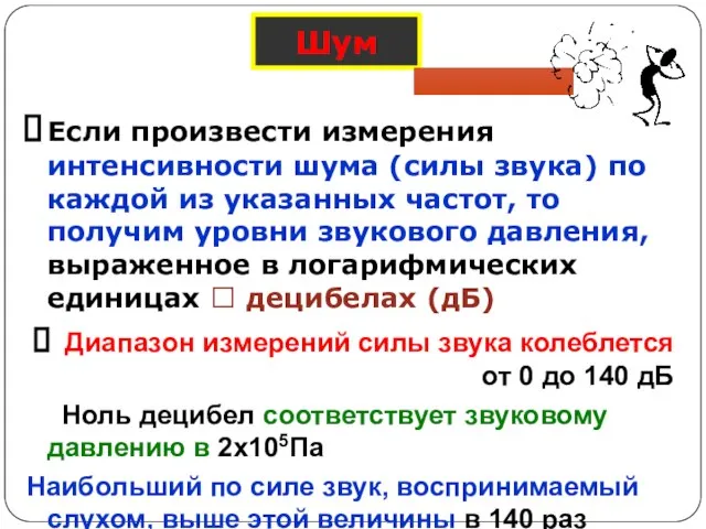 Шум Если произвести измерения интенсивности шума (силы звука) по каждой из