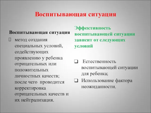 Воспитывающая ситуация Воспитывающая ситуация метод создания специальных условий, содействующих проявлению у