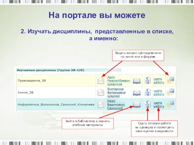 На портале вы можете 2. Изучать дисциплины, представленные в списке, а именно: