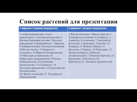 Список растений для презентации