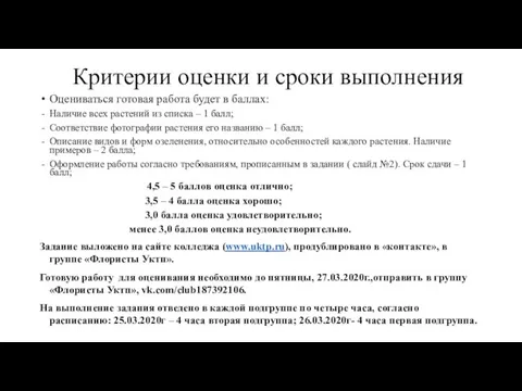 Критерии оценки и сроки выполнения Оцениваться готовая работа будет в баллах: