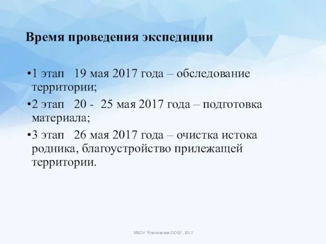 Время проведения экспедиции 1 этап 19 мая 2017 года – обследование