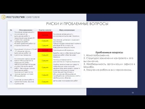 РИСКИ И ПРОБЛЕМНЫЕ ВОПРОСЫ Проблемные вопросы 1. Налогообложение. 2. Структура заключения