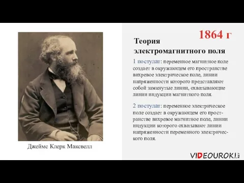 Джеймс Клерк Максвелл 1864 г Теория электромагнитного поля 1 постулат: переменное