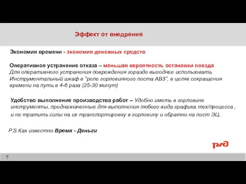 Эффект от внедрения Экономия времени - экономия денежных средств Оперативное устранение