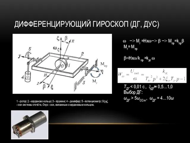 ДИФФЕРЕНЦИРУЮЩИЙ ГИРОСКОП (ДГ, ДУС) 1 - ротор; 2 - карданово кольцо;