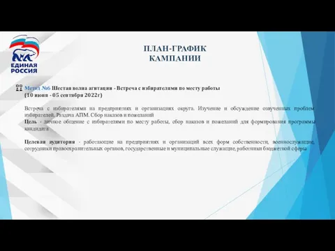 ПЛАН-ГРАФИК КАМПАНИИ Метод №6 Шестая волна агитации - Встреча с избирателями