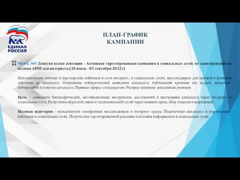 ПЛАН-ГРАФИК КАМПАНИИ Метод №9 Девятая волна агитации - Активная таргетированная кампания