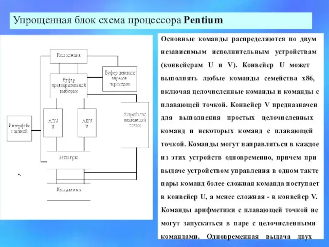 . Упрощенная блок схема процессора Pentium Основные команды распределяются по двум